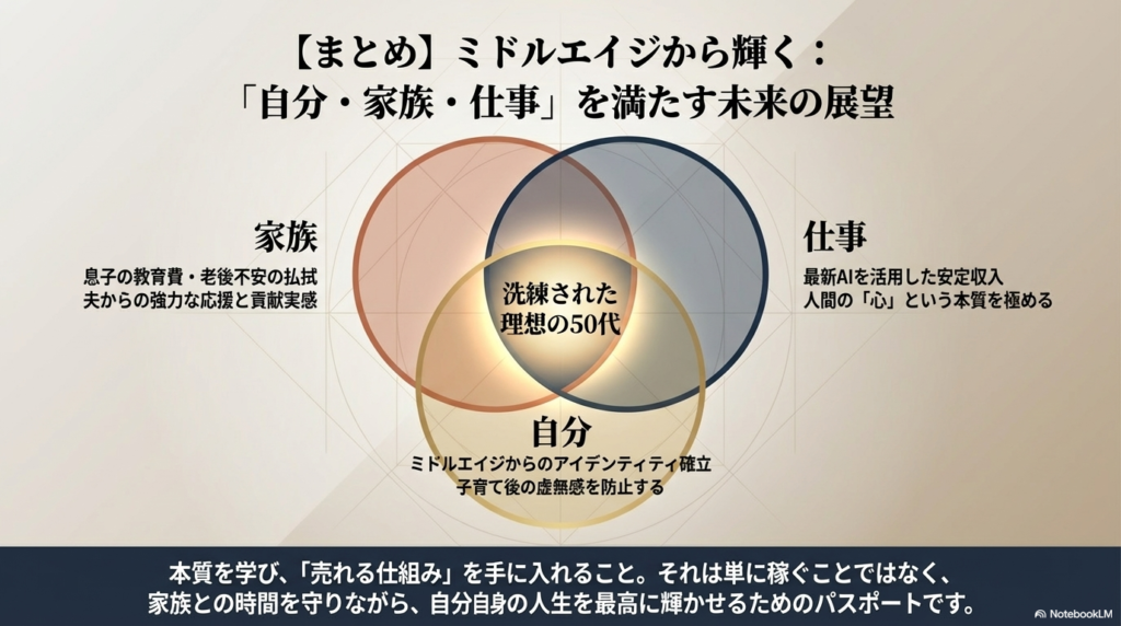 【まとめ】未来へ ビジネスの本質を学び、家族も自分自身の人生もどちらも大切にしながら、自立して輝く未来へと向かう希望を感じさせるクロージング画像