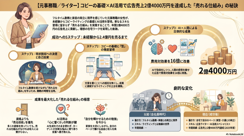 ルタイムの会社員として多忙な日々を送りながらも、「習うより慣れろ」の精神でコピーの基礎を習得し、時間に縛られない働き方へとシフトしたプロセスを表現したビジュアル