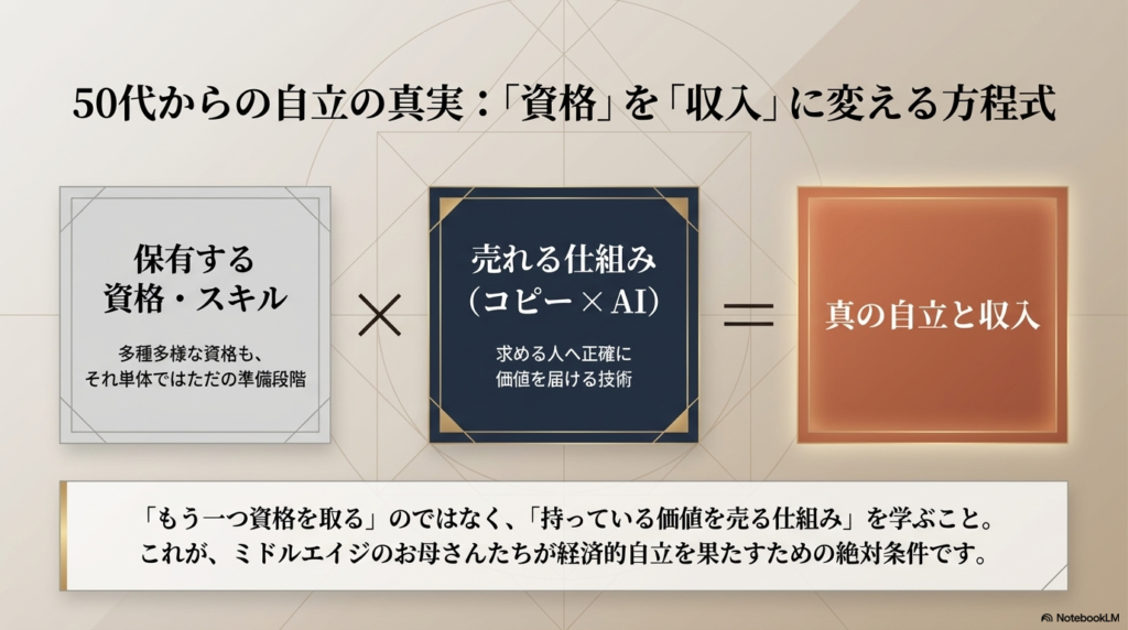 50代・未経験から自立を目指すお母さんへ向けて、資格を取るだけでなく「収入にするための仕組み」を学ぶ自己投資の重要性と、将来の自分を輝かせるためのメッセージ
