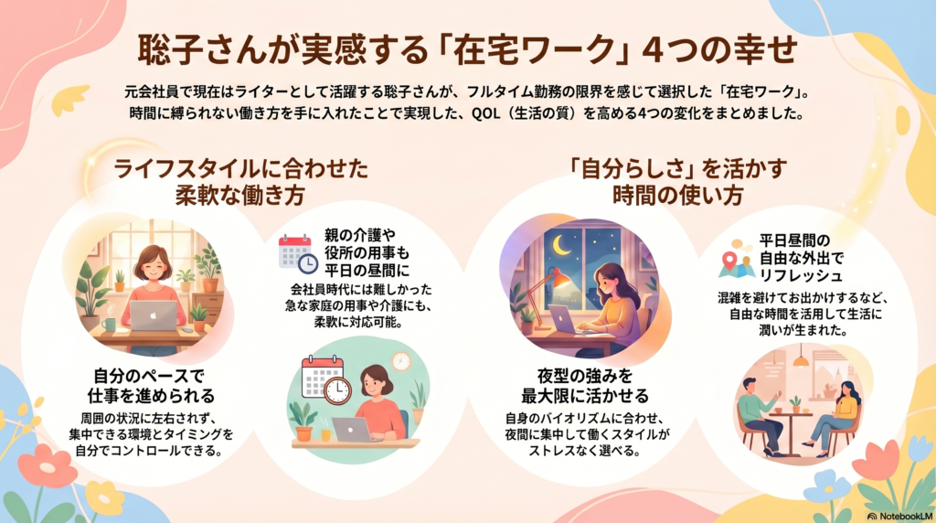 「自分のペースで働ける」「平日の昼間に親の介護や用事に行ける」「夜型の生活リズムを活かせる」「書くことへの抵抗がなくなった」という、在宅ワークで得られた具体的な4つの喜びをまとめた図解