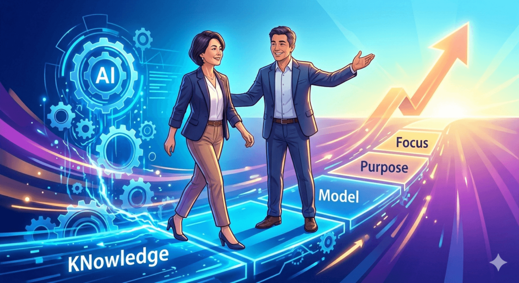 成果を出している久家の指導を受け、滞っていたエネルギーが動き出す力強いイメージ。AIと成功哲学を武器に、迷いなく前進する姿。