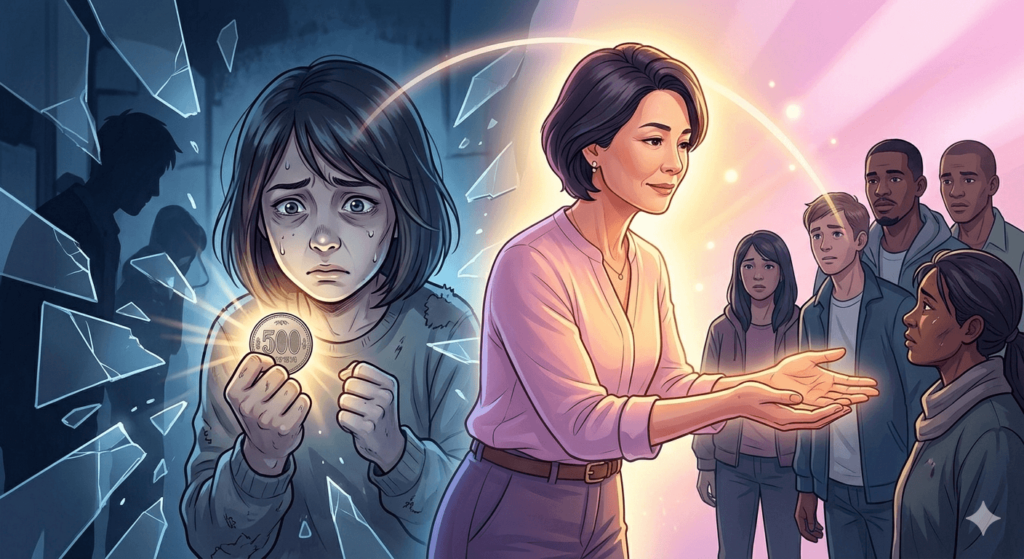 かつての壮絶な絶望と、そこから生まれた同じように苦しむ人に手を差し伸べる現在の姿を対比させたドラマチックなイラスト。