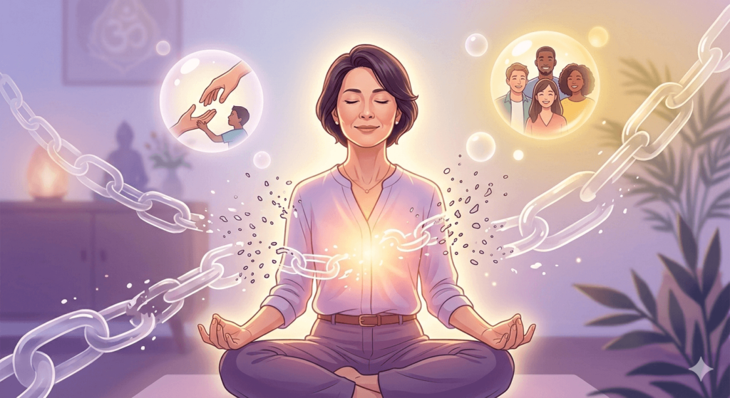 テクニックばかり追い求めていた自分に気づき、心のブレーキを解放した咲樹さん。内なる光に包まれ、真の「お役に立ち」に目覚めた静かな喜びの表情。