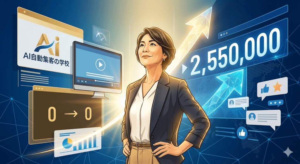 オンライン集客の迷路から抜け出し、劇的な右肩上がりの売上グラフとAI集客の成功に向かって、決意を秘めて歩き出す咲樹さんのイラスト。