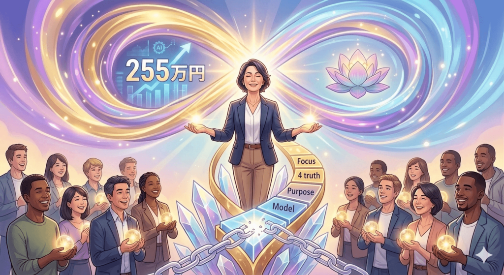 これまでの旅路をすべて統合し、彼女が手に入れた包括的な「真の成功」の統合イメージ。輝く光の中で、自身の才能と相手への貢献が完璧に調和している姿。